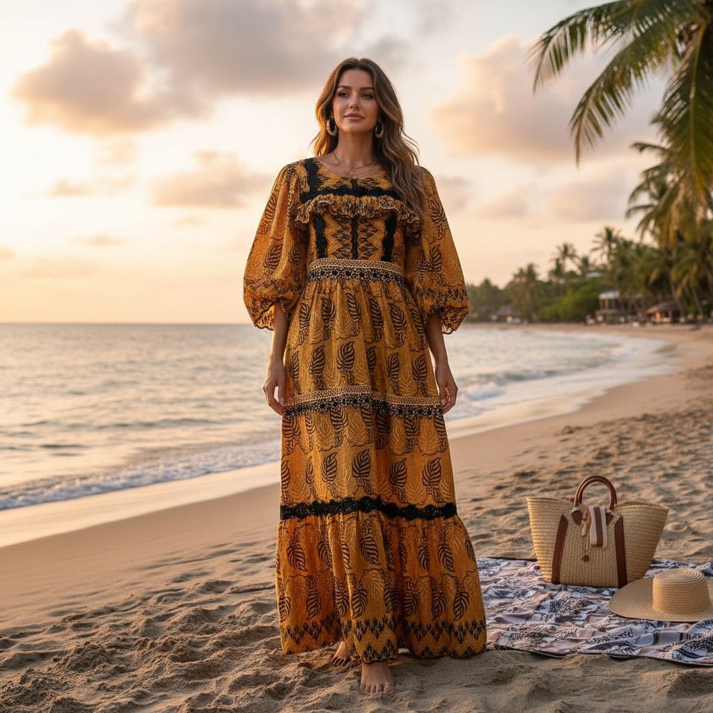 Robe brodée jaune moutarde femme, longue bohème chic, manches bouffantes