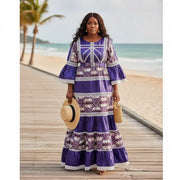 Robe wax geztner brodée mauve et blanche, élégante femme grande taille