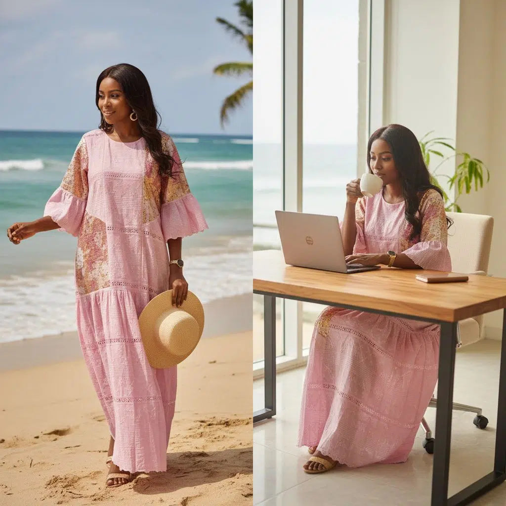 Robe femme rose brodée en brocart, élégante et bohème chic, été