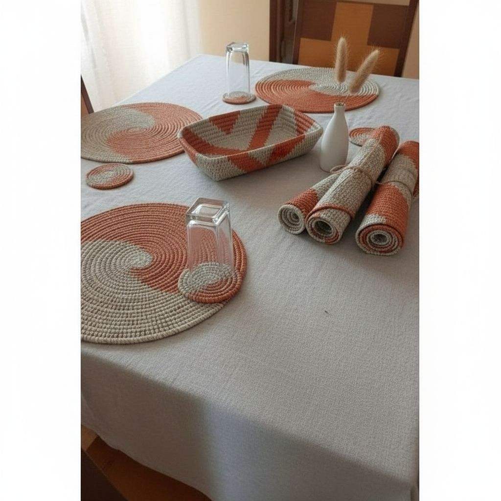 Set de Table en Osier Tressé - Élégance Bohème Orange Beige