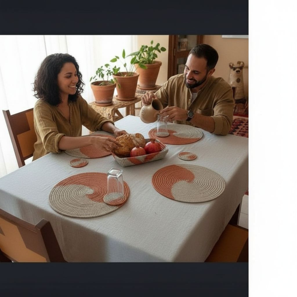 Set de Table en Osier Tressé - Élégance Bohème Orange Beige