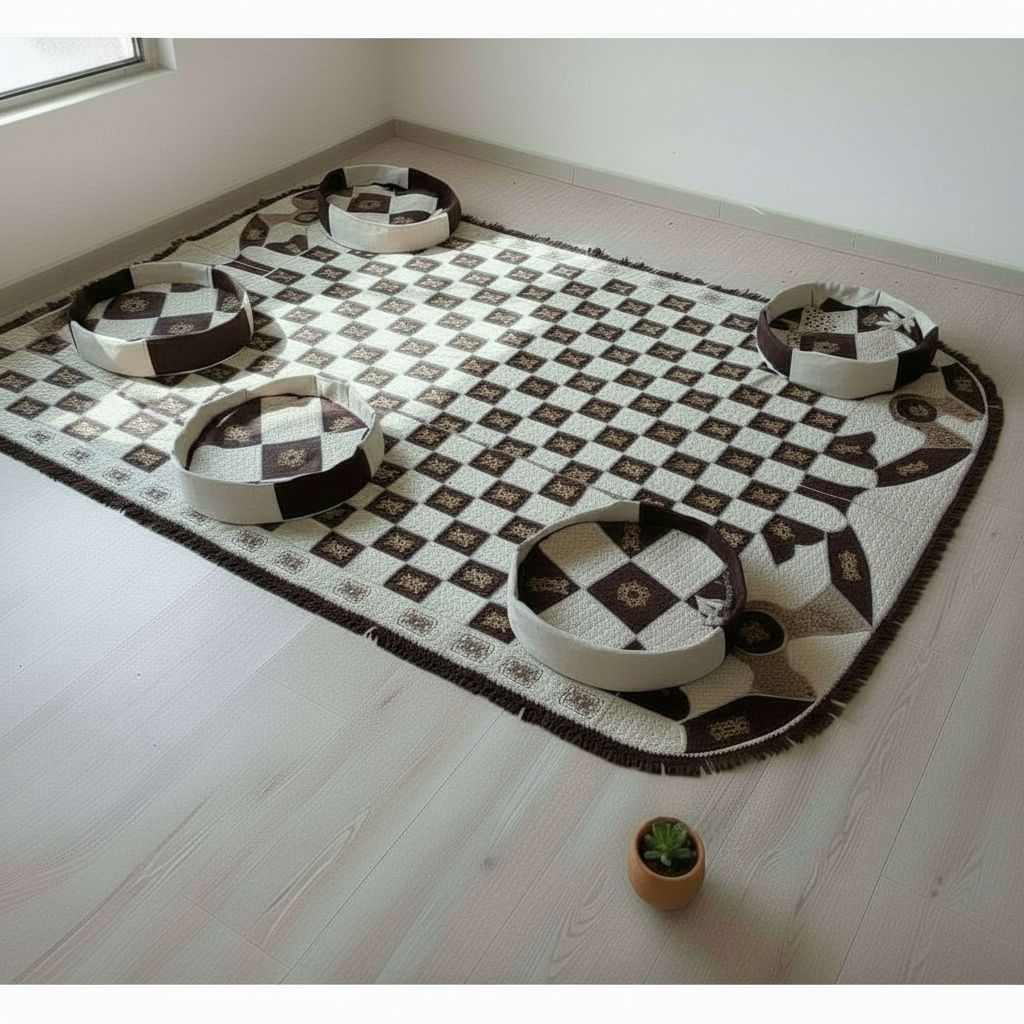 TAPIS SOUHAÏMA MOUSSA/ Tapis berbère cuir fait main ovale et 4 poufs design touareg salon chic