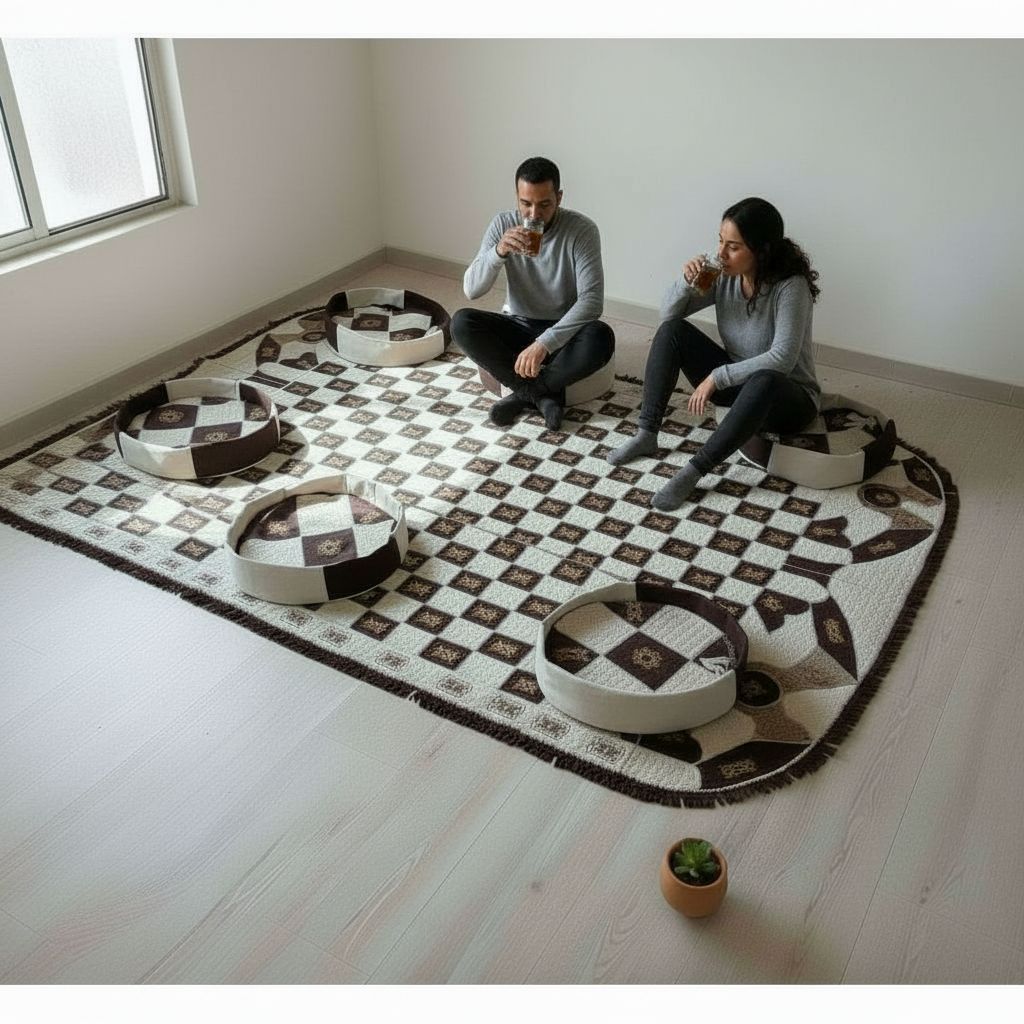 TAPIS SOUHAÏMA MOUSSA/ Tapis berbère cuir fait main ovale et 4 poufs design touareg salon chic