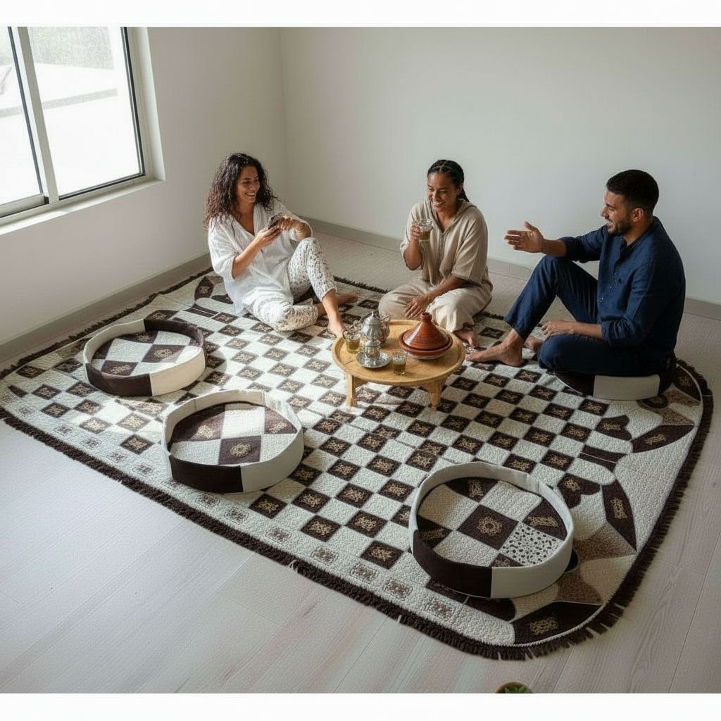 TAPIS SOUHAÏMA MOUSSA/ Tapis berbère cuir fait main ovale et 4 poufs design touareg salon chic