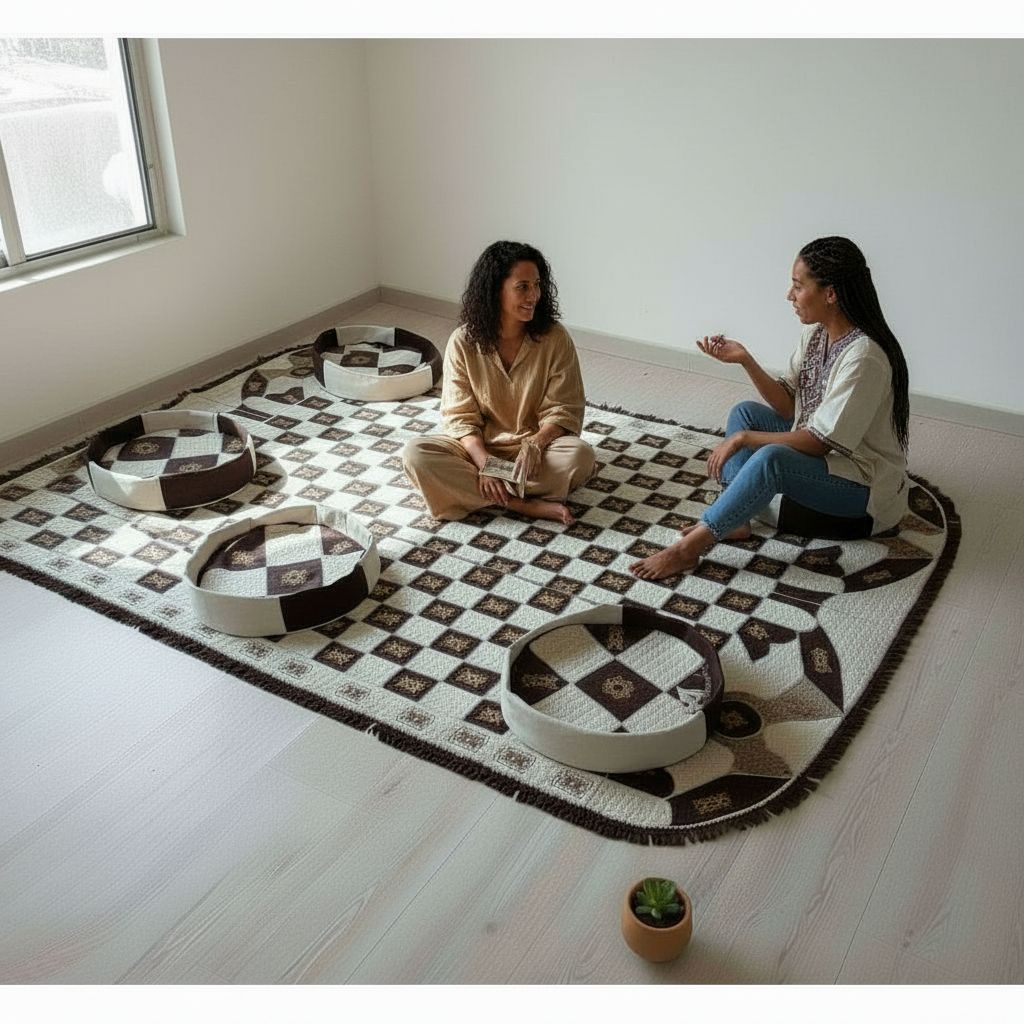 TAPIS SOUHAÏMA MOUSSA/ Tapis berbère cuir fait main ovale et 4 poufs design touareg salon chic