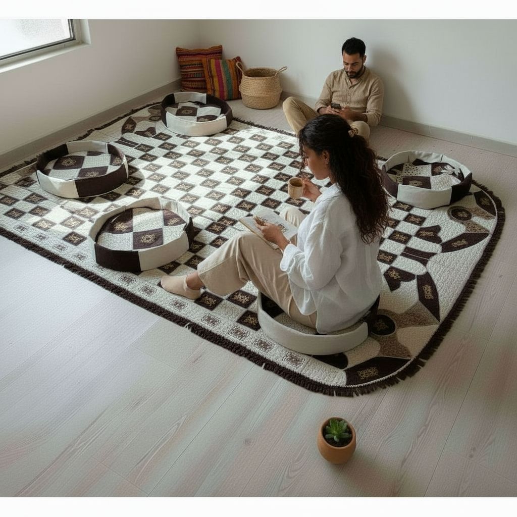 TAPIS SOUHAÏMA MOUSSA/ Tapis berbère cuir fait main ovale et 4 poufs design touareg salon chic