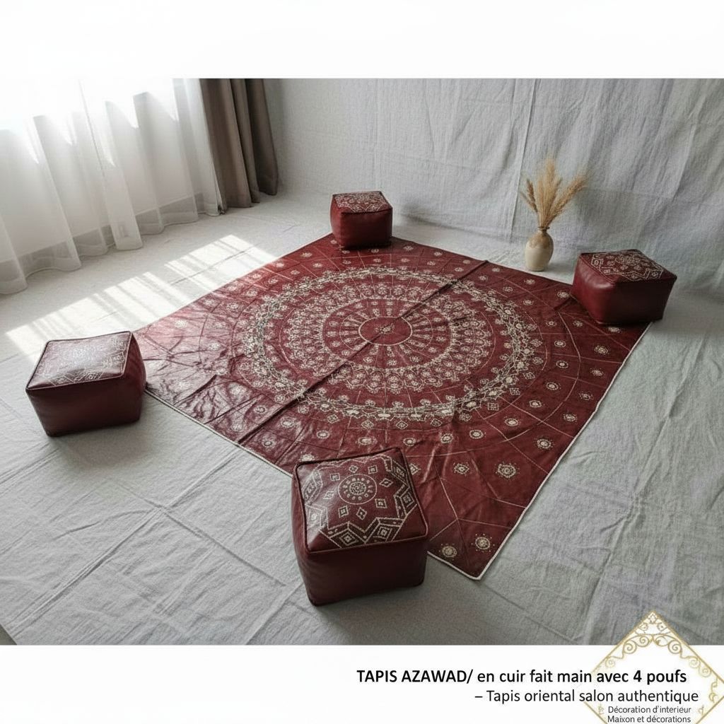 TAPIS SCHEHERAZADE EN CUIR  AUBURN ROUGE/ en cuir fait main avec 4 poufs – Tapis oriental salon authentique