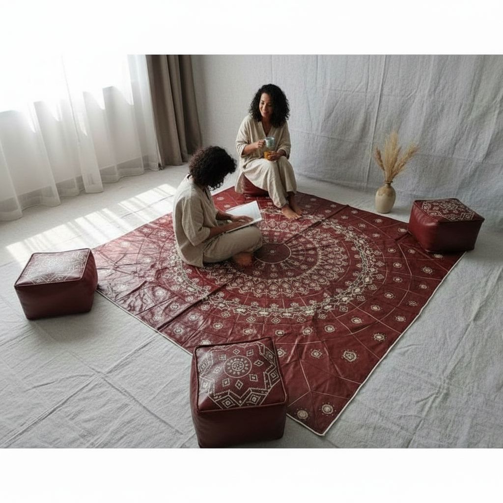 TAPIS SCHEHERAZADE EN CUIR  AUBURN ROUGE/ en cuir fait main avec 4 poufs – Tapis oriental salon authentique