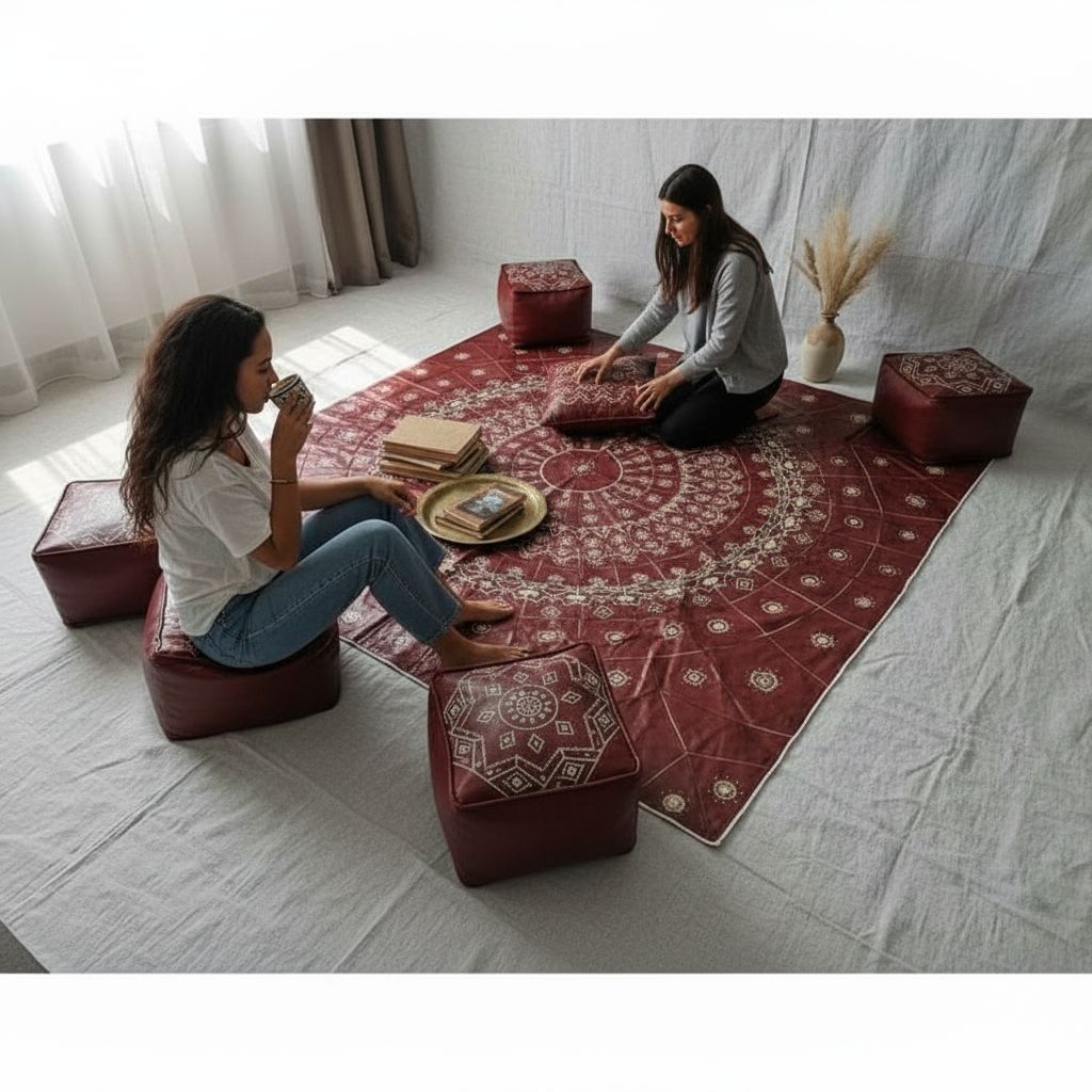 TAPIS SCHEHERAZADE EN CUIR  AUBURN ROUGE/ en cuir fait main avec 4 poufs – Tapis oriental salon authentique
