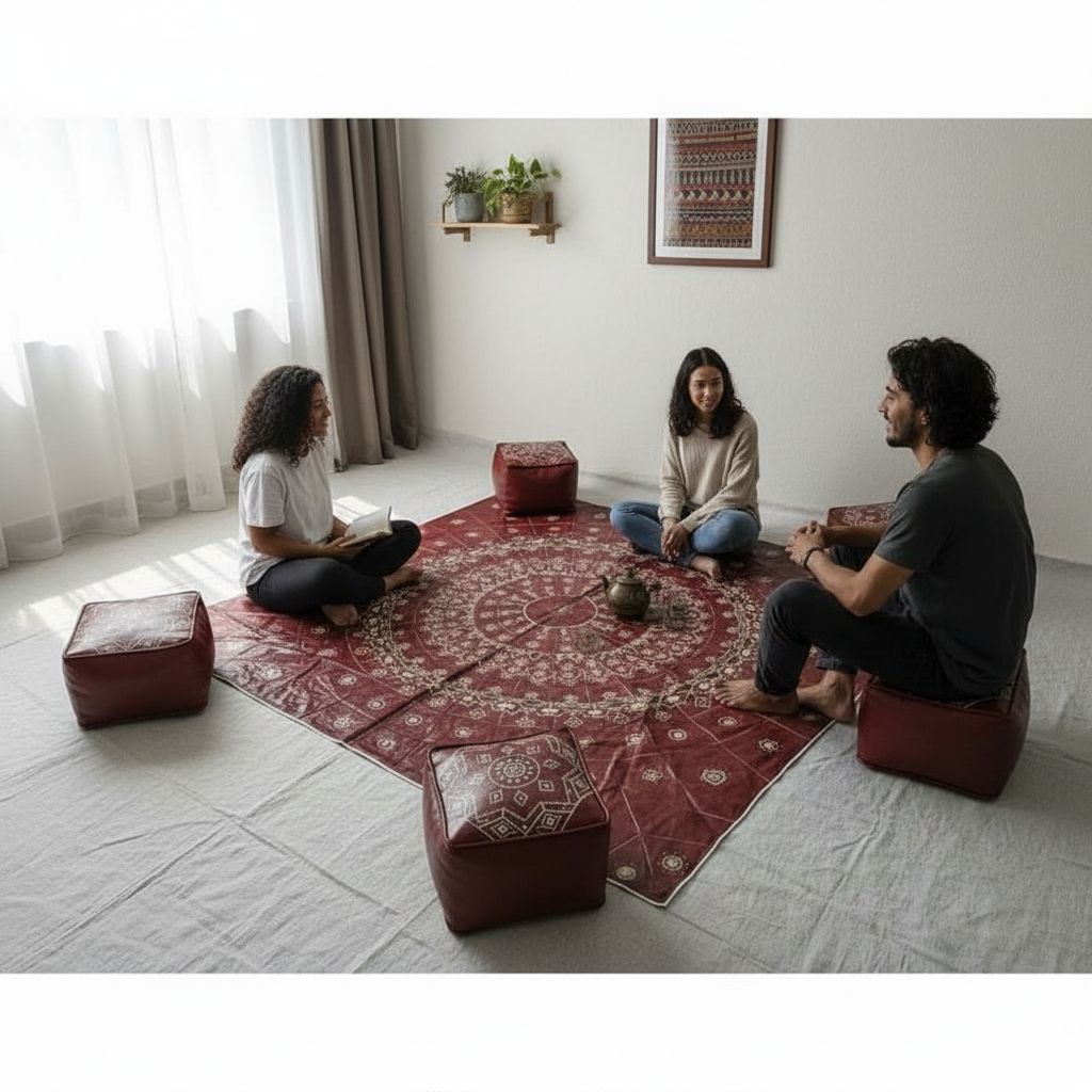 TAPIS SCHEHERAZADE EN CUIR  AUBURN ROUGE/ en cuir fait main avec 4 poufs – Tapis oriental salon authentique