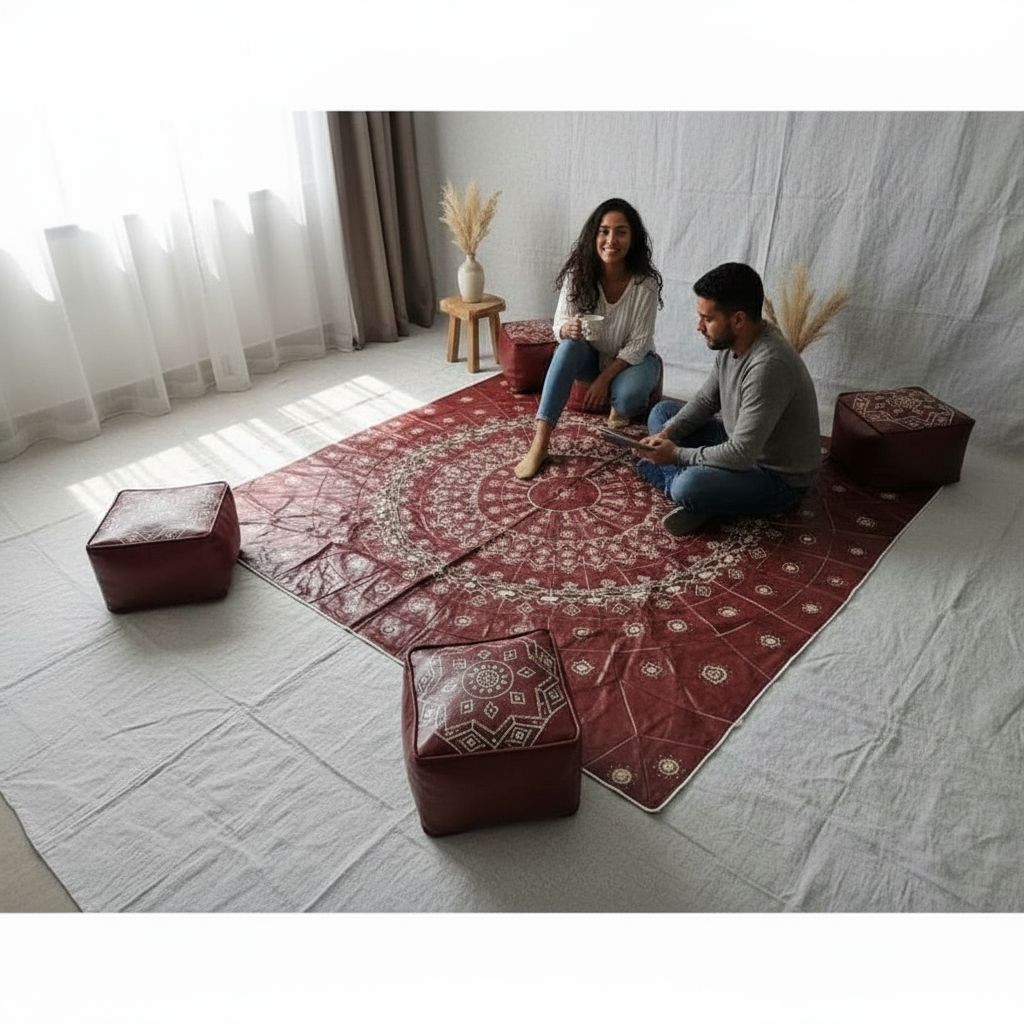 TAPIS SCHEHERAZADE EN CUIR  AUBURN ROUGE/ en cuir fait main avec 4 poufs – Tapis oriental salon authentique