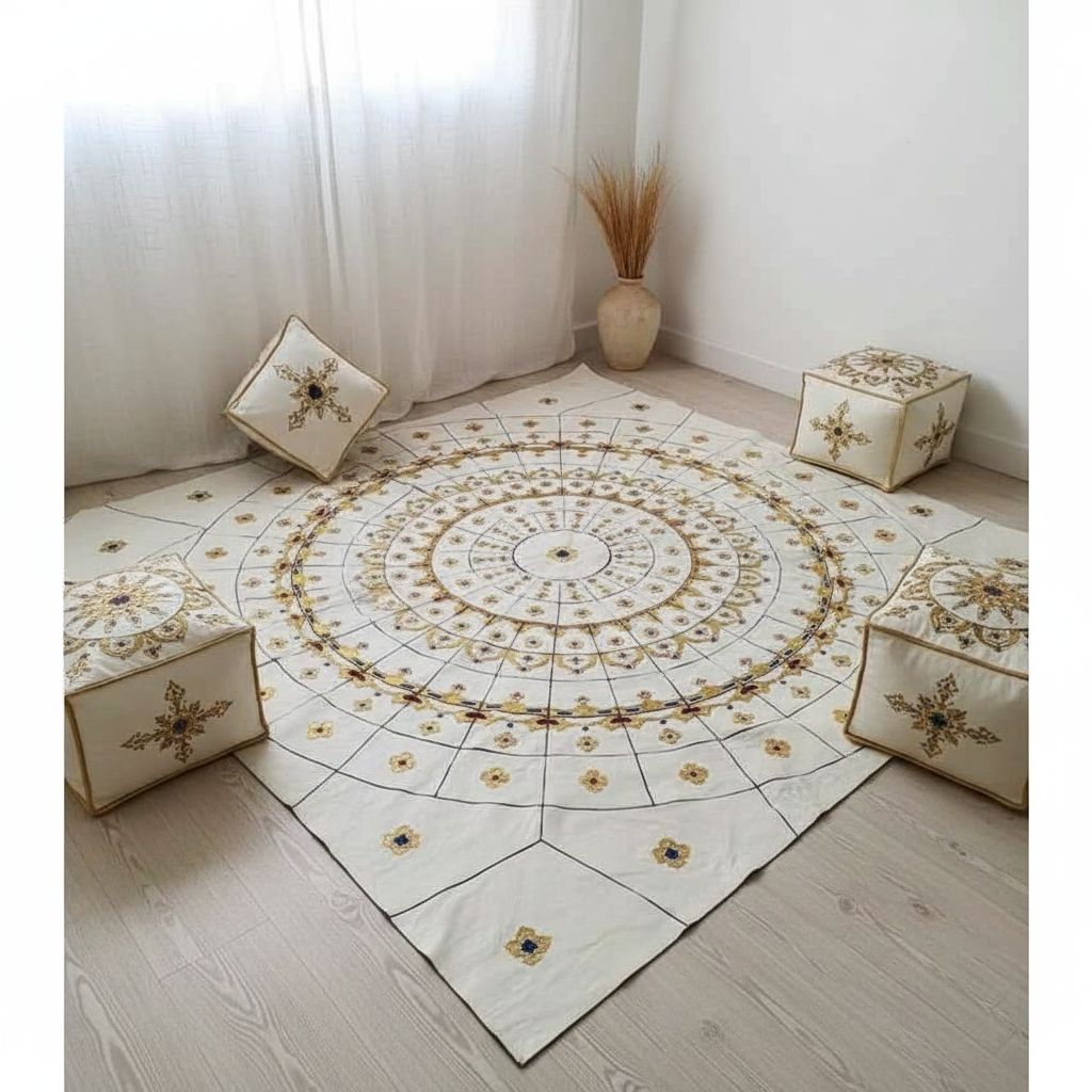 TAPIS SCHEHERAZADE BLANC DORÉE EN CUIR/Tapis cuir fait main blanc doré avec ses 4 poufs, design touareg artisanal luxe salon