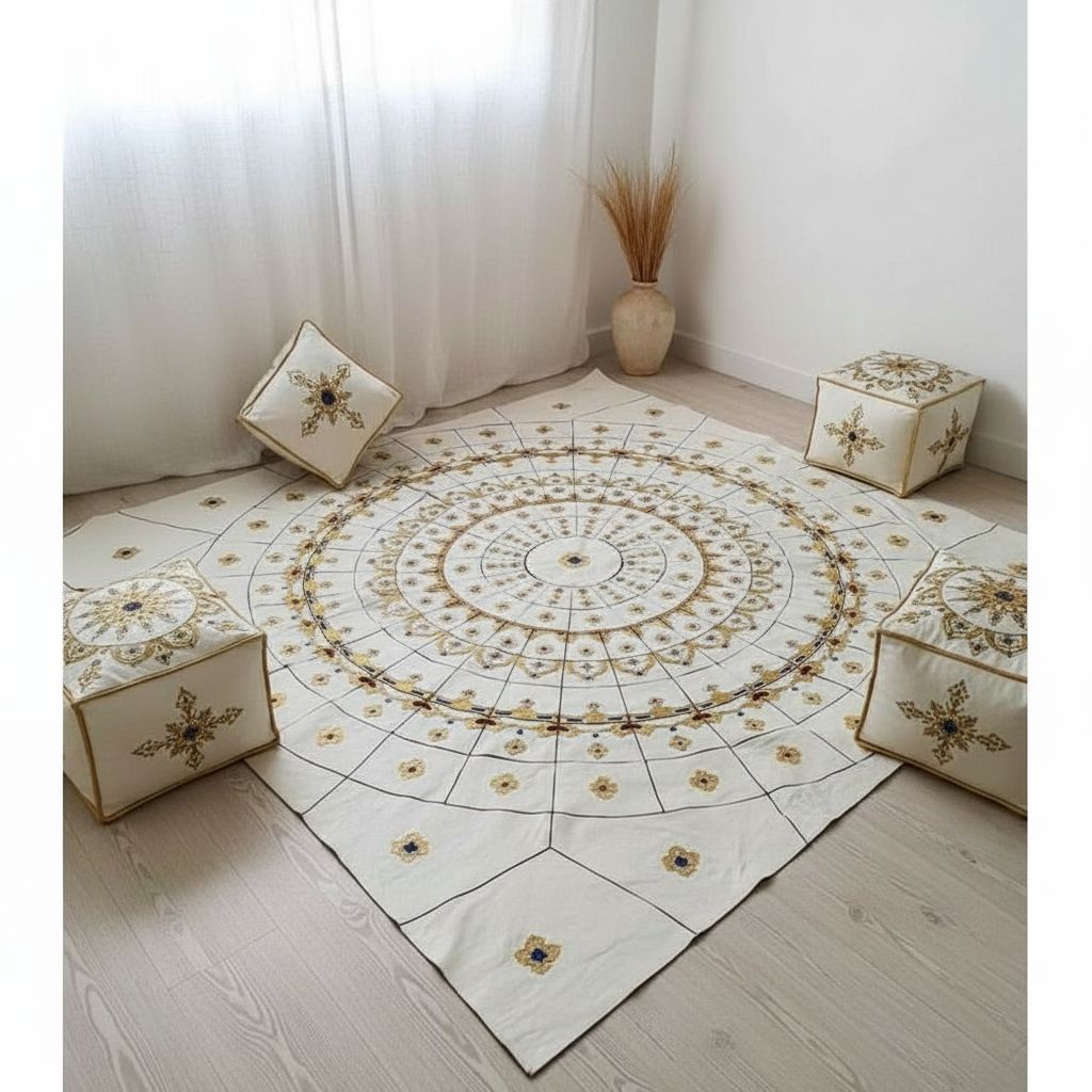 TAPIS SCHEHERAZADE BLANC DORÉE EN CUIR/Tapis cuir fait main blanc doré avec ses 4 poufs, design touareg artisanal luxe salon