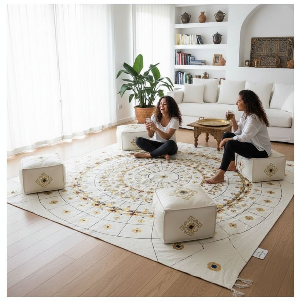 TAPIS SCHEHERAZADE BLANC DORÉE EN CUIR/Tapis cuir fait main blanc doré avec ses 4 poufs, design touareg artisanal luxe salon