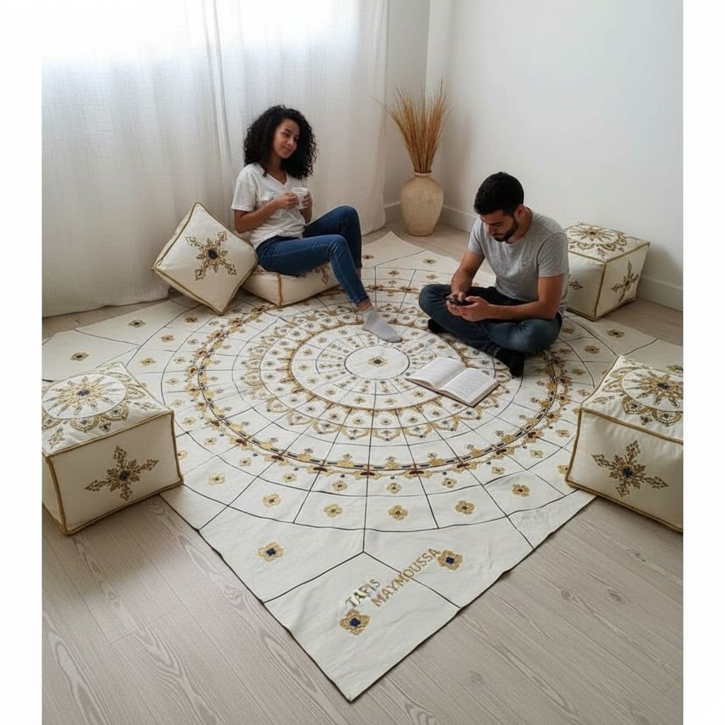 TAPIS SCHEHERAZADE BLANC DORÉE EN CUIR/Tapis cuir fait main blanc doré avec ses 4 poufs, design touareg artisanal luxe salon