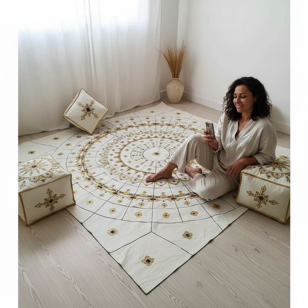 TAPIS SCHEHERAZADE BLANC DORÉE EN CUIR/Tapis cuir fait main blanc doré avec ses 4 poufs, design touareg artisanal luxe salon