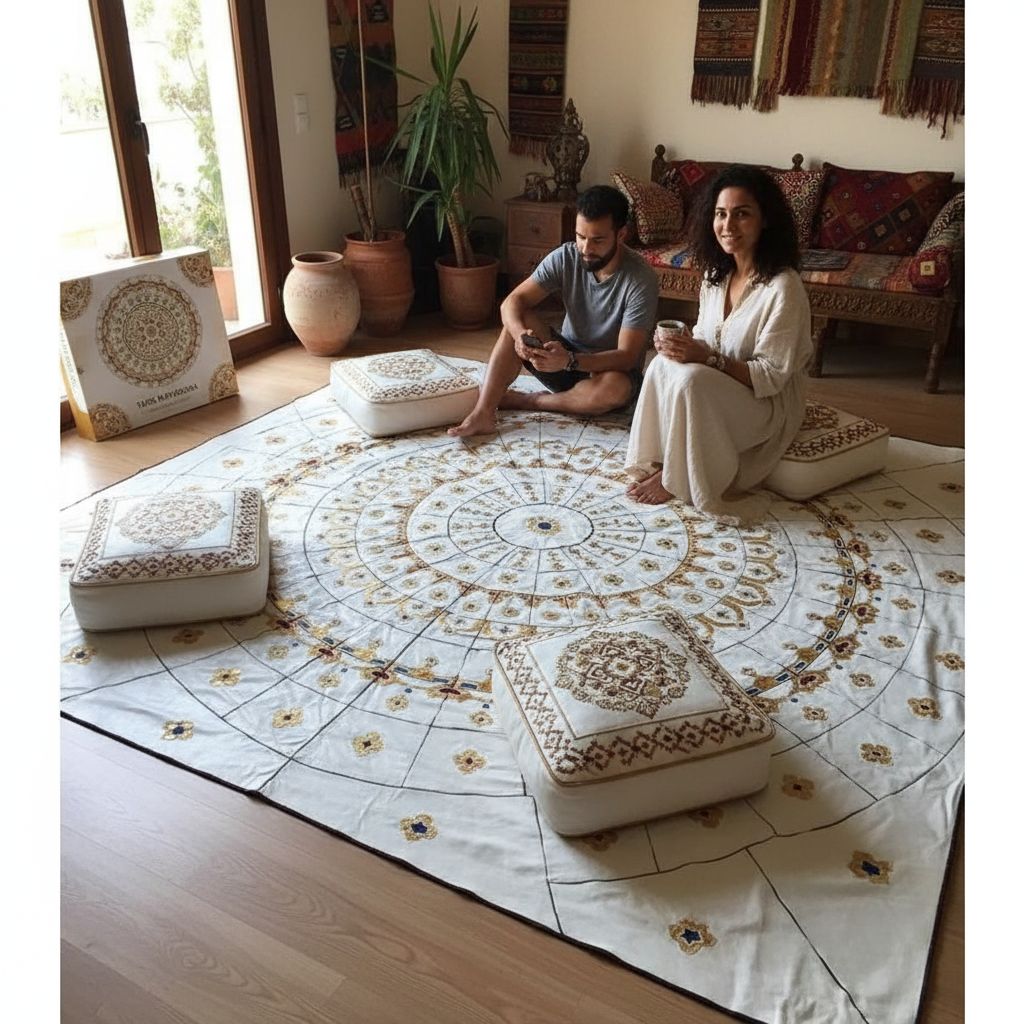 TAPIS SCHEHERAZADE BLANC DORÉE EN CUIR/Tapis cuir fait main blanc doré avec ses 4 poufs, design touareg artisanal luxe salon