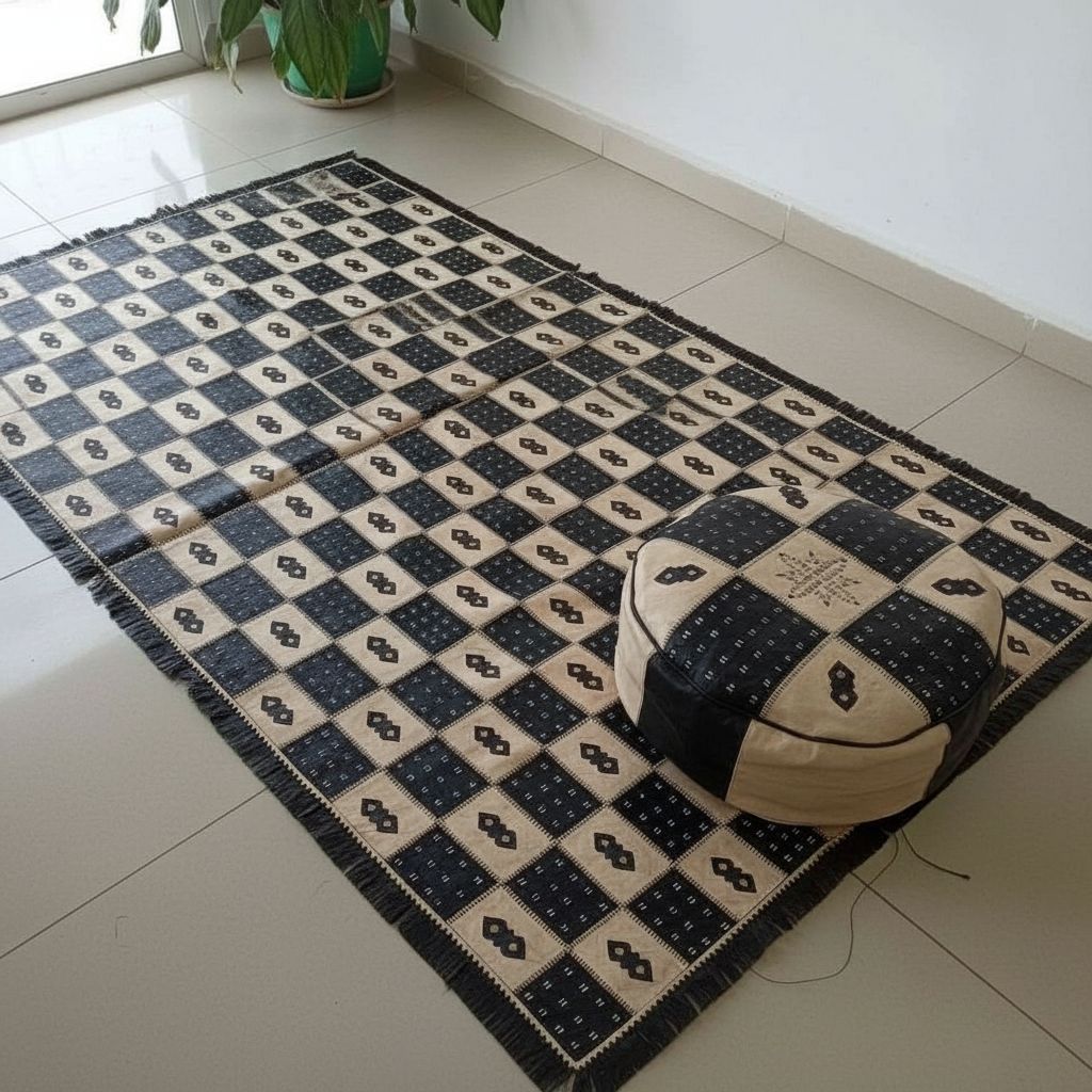 TAPIS ABDUJALIL/TAPIS EN CUIR TANNEE AVEC SES 3 POUFS