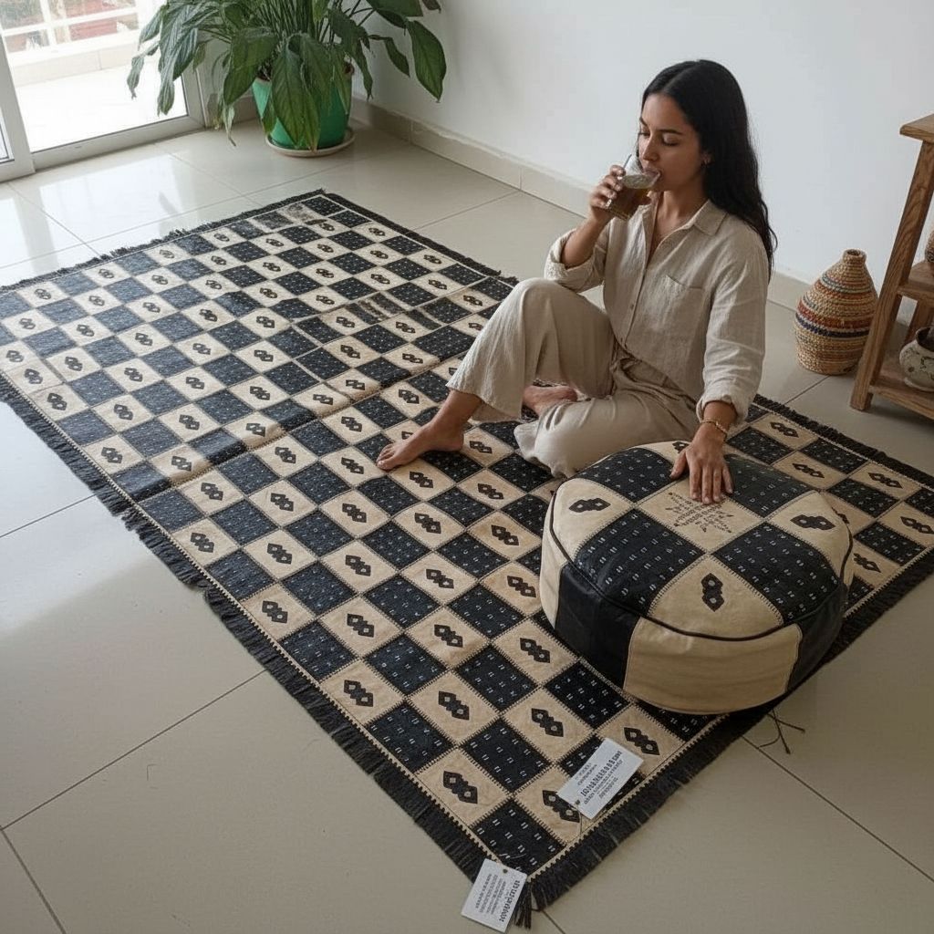 TAPIS ABDUJALIL/TAPIS EN CUIR TANNEE AVEC SES 3 POUFS