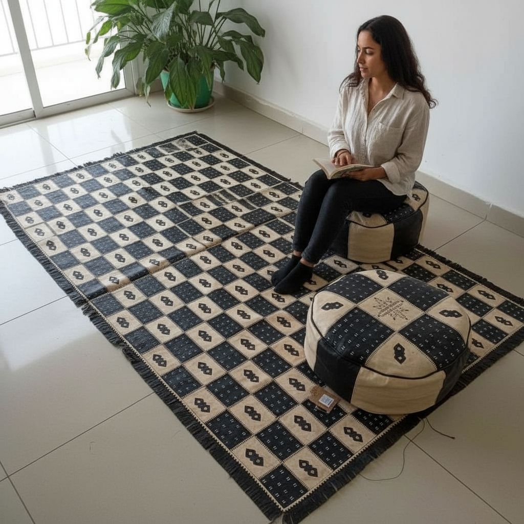 TAPIS ABDUJALIL/TAPIS EN CUIR TANNEE AVEC SES 3 POUFS