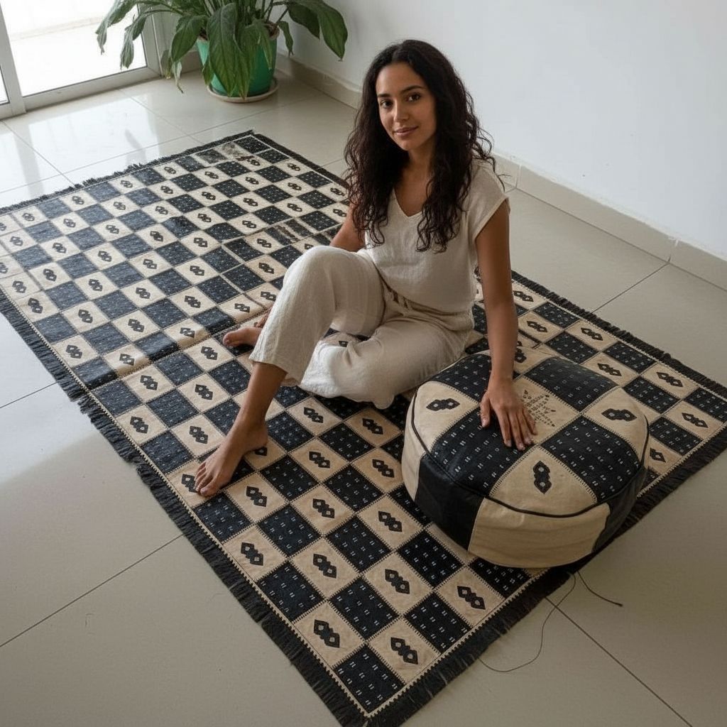 TAPIS ABDUJALIL/TAPIS EN CUIR TANNEE AVEC SES 3 POUFS
