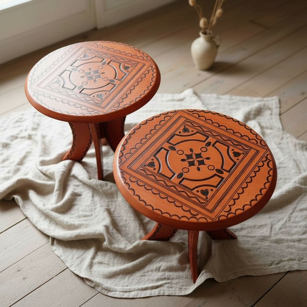 Tabouret artisanal en cuir Touareg orange – mobilier marocain décoratif