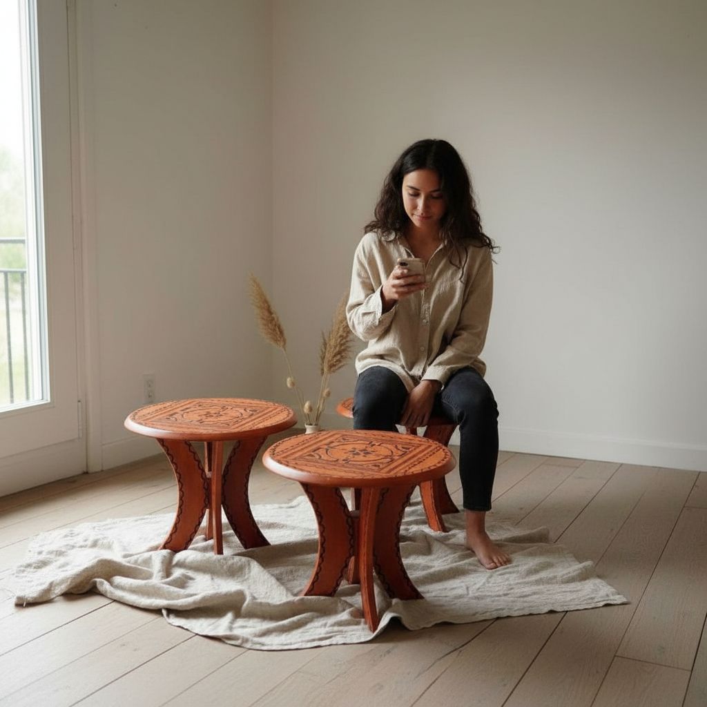 Tabouret artisanal en cuir Touareg orange – mobilier marocain décoratif