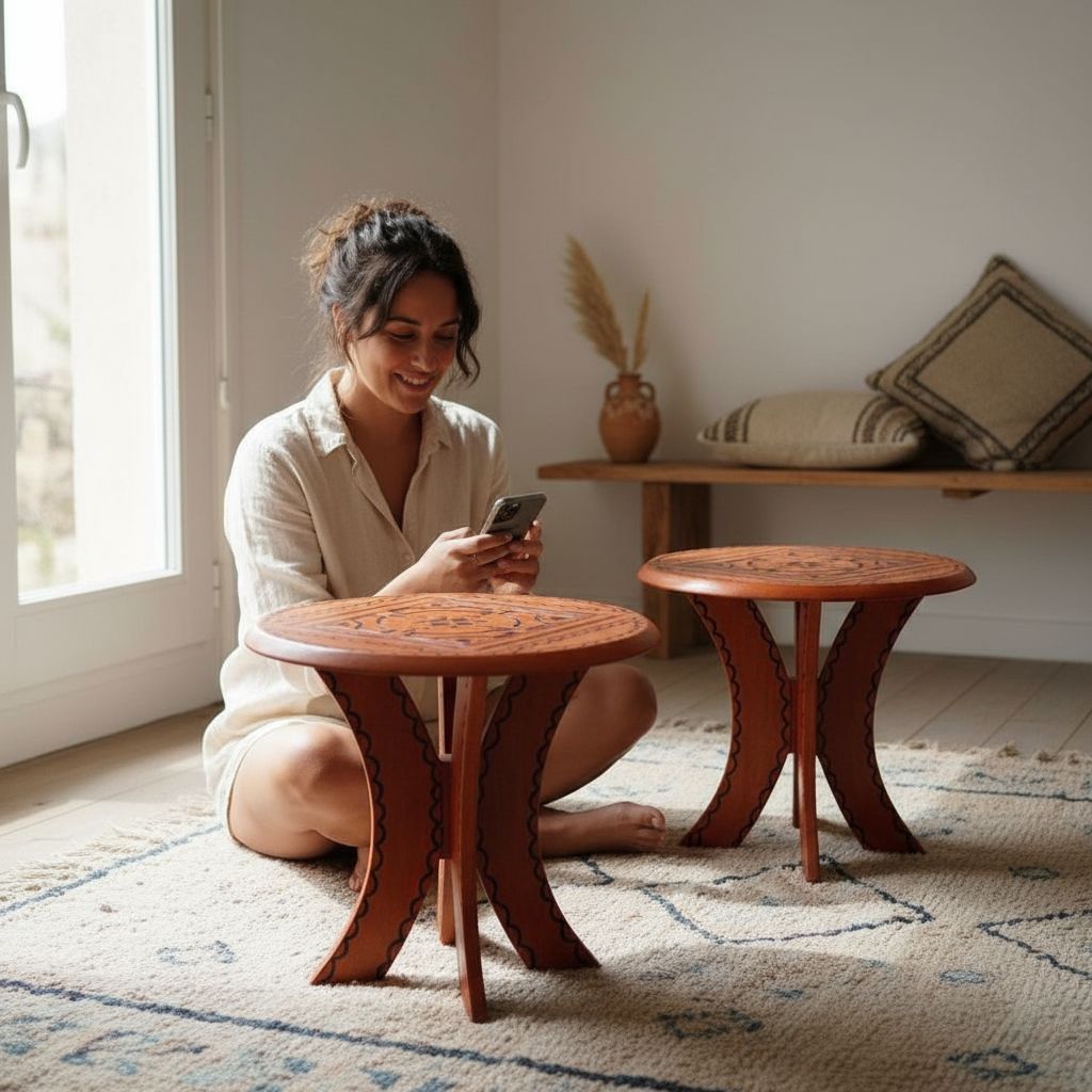 Tabouret artisanal en cuir Touareg orange – mobilier marocain décoratif