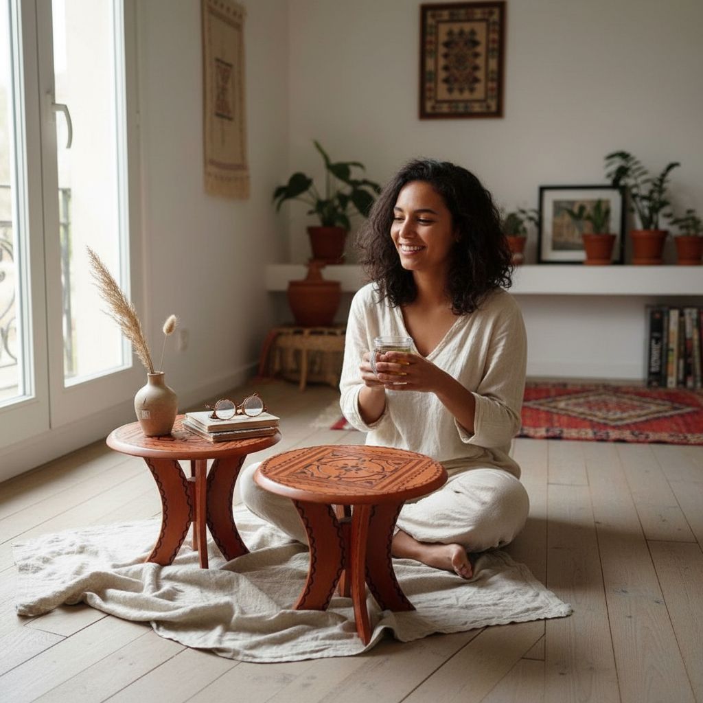 Tabouret artisanal en cuir Touareg orange – mobilier marocain décoratif