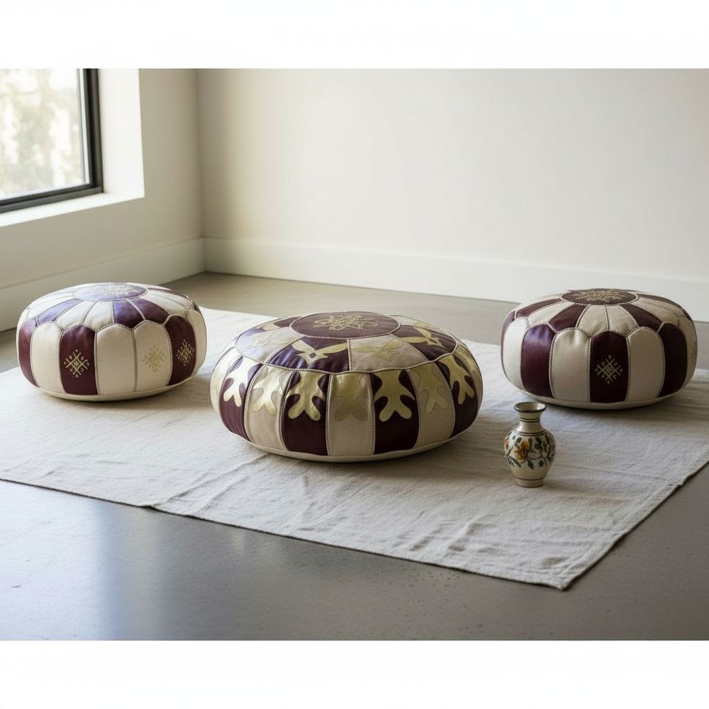 POUF NANA KHADIJA/Ensemble de 3 poufs marocains cuir faits main – Décoration orientale de luxe
