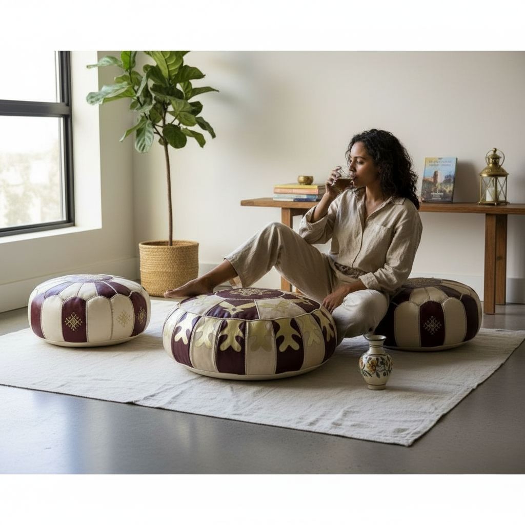 POUF NANA KHADIJA/Ensemble de 3 poufs marocains cuir faits main – Décoration orientale de luxe