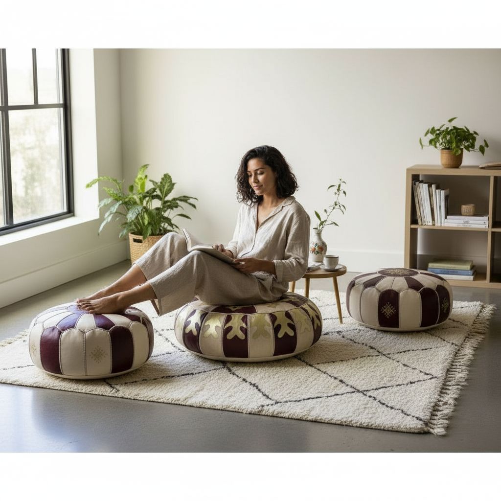 POUF NANA KHADIJA/Ensemble de 3 poufs marocains cuir faits main – Décoration orientale de luxe