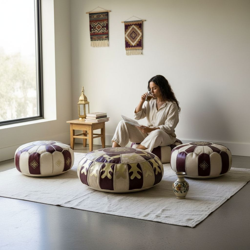 POUF NANA KHADIJA/Ensemble de 3 poufs marocains cuir faits main – Décoration orientale de luxe