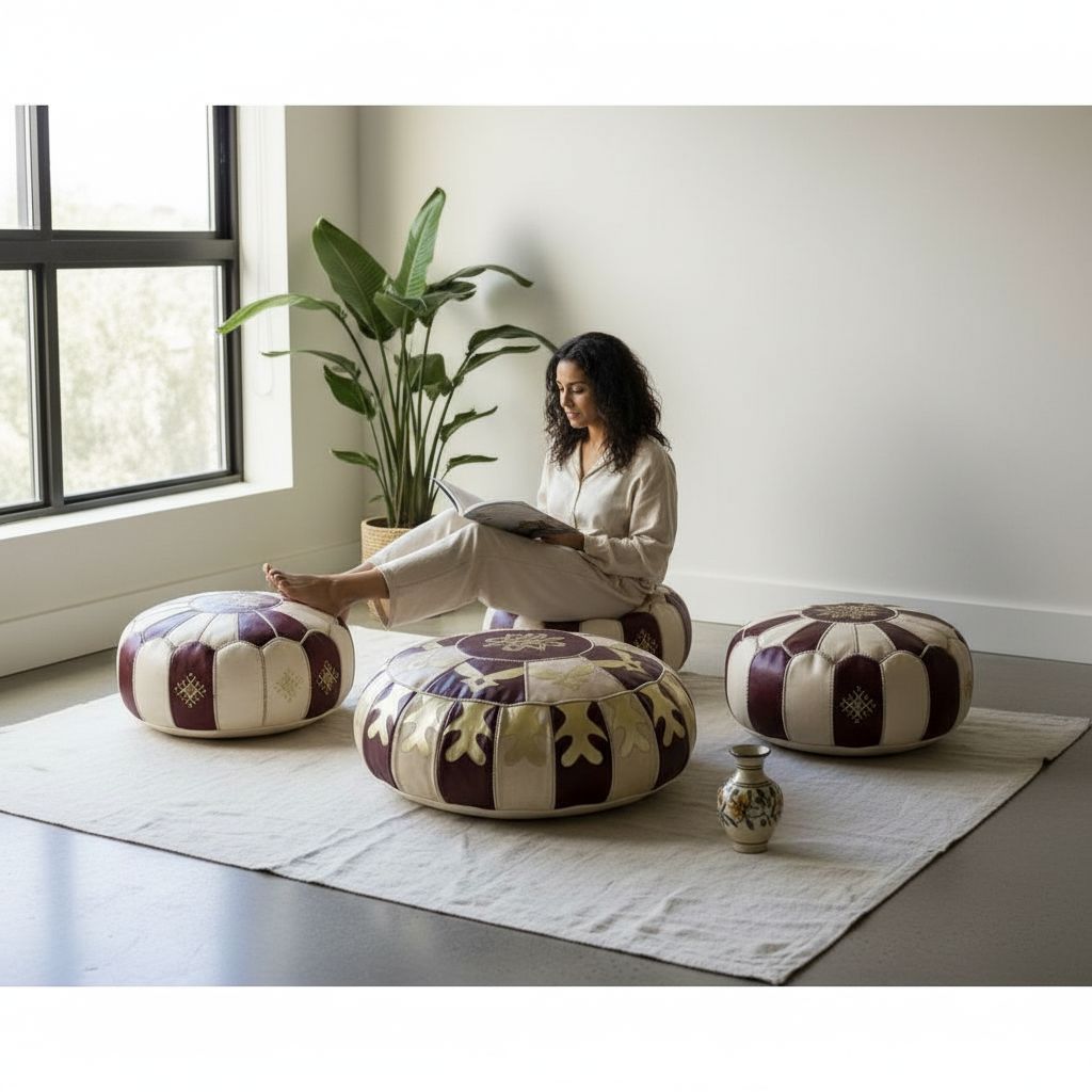 POUF NANA KHADIJA/Ensemble de 3 poufs marocains cuir faits main – Décoration orientale de luxe