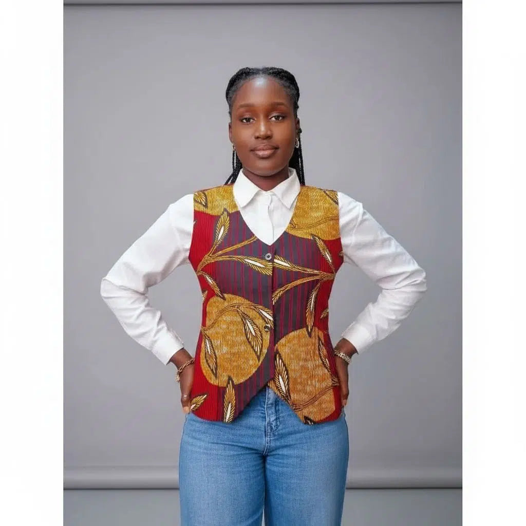 Gilet sans manche wax femme cintré, motif africain multicolore chic