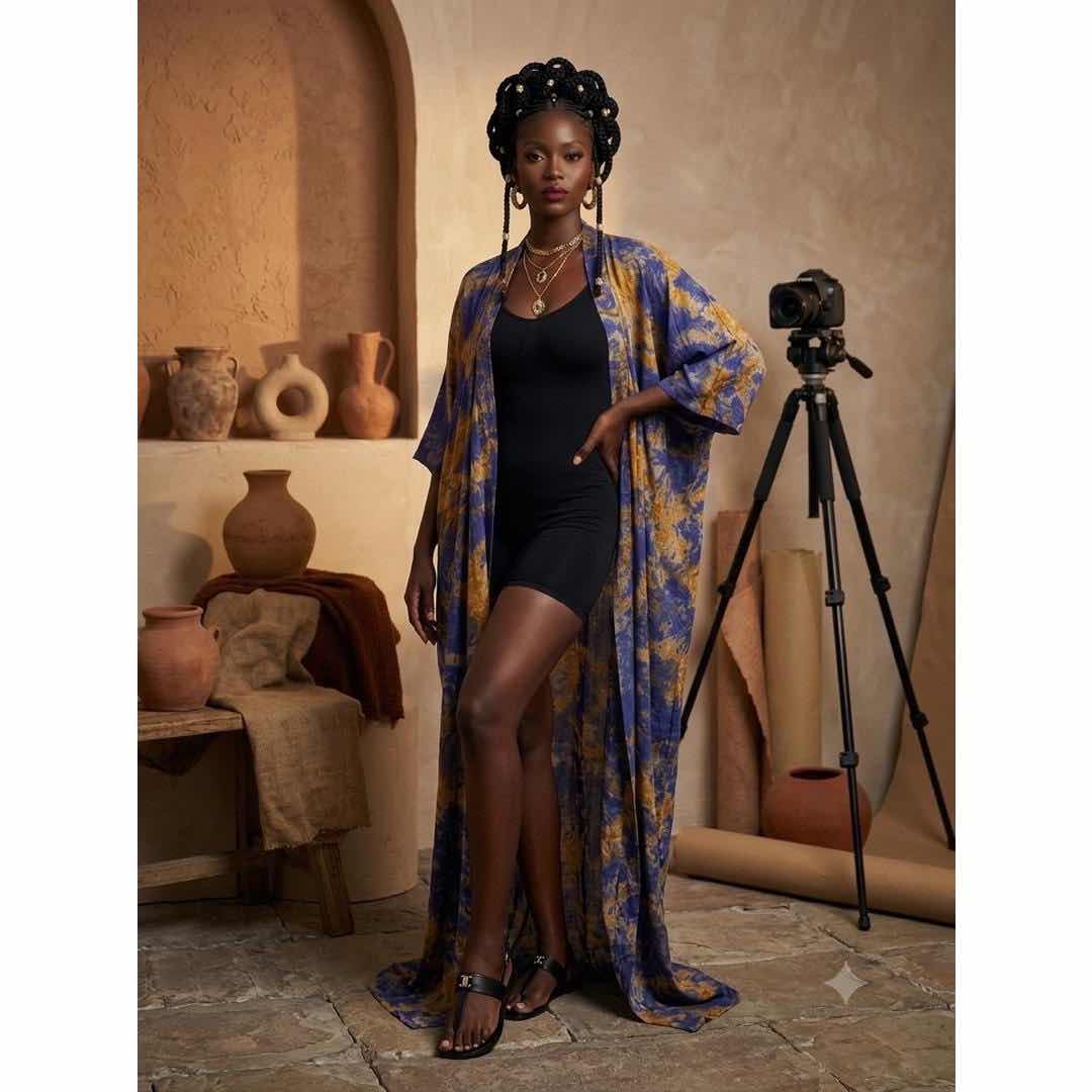 Kimono femme bleu beige élégant et léger