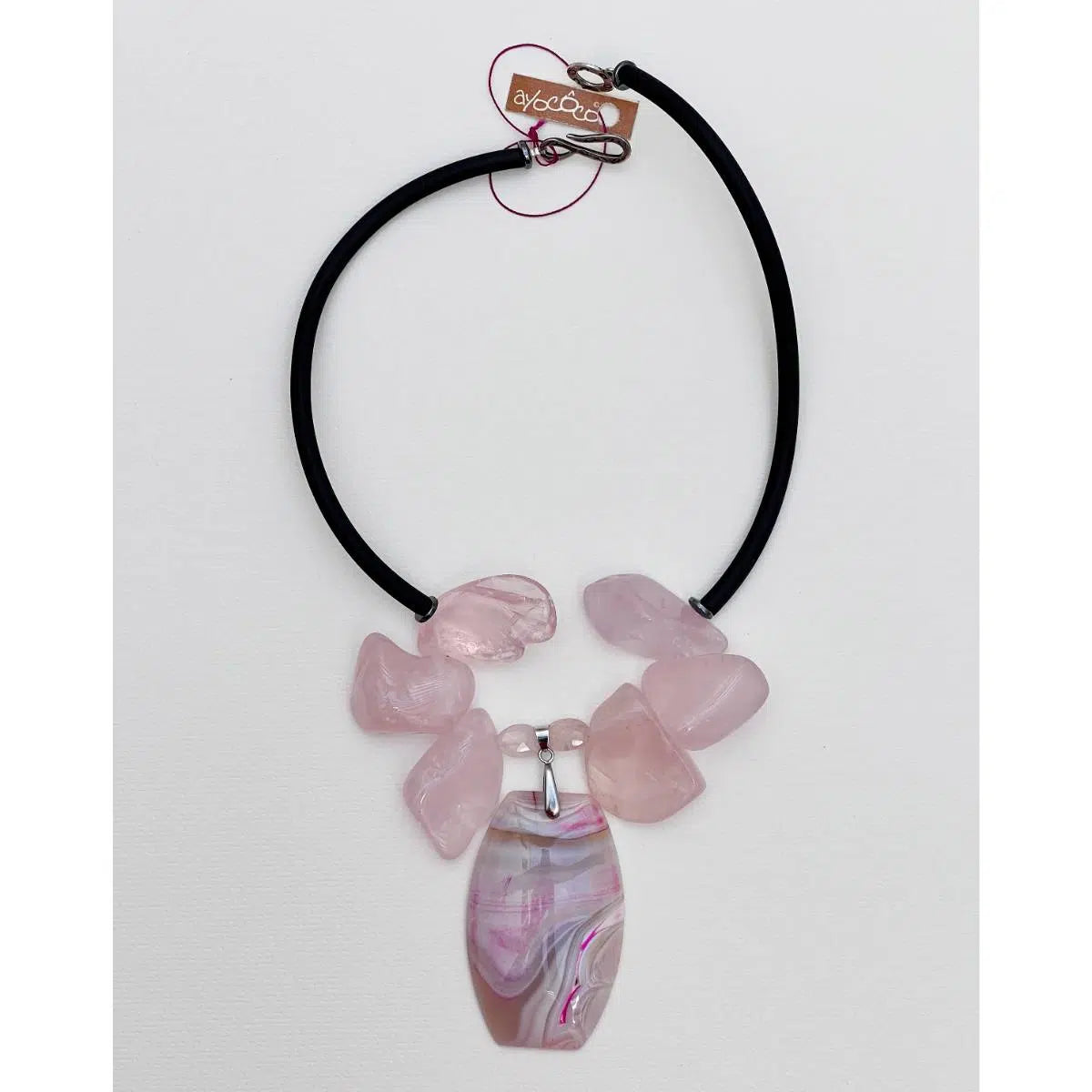 Collier quartz rose femme avec pendentif agate