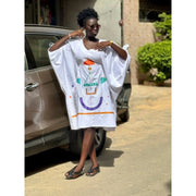 Tunique blanche femme 3/4 coton, motif artistique peint main, look chic