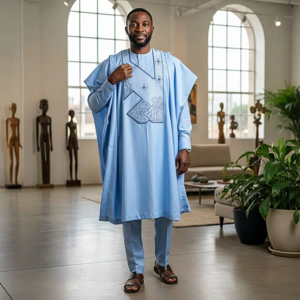 Grand boubou homme bleu brodé en coton léger