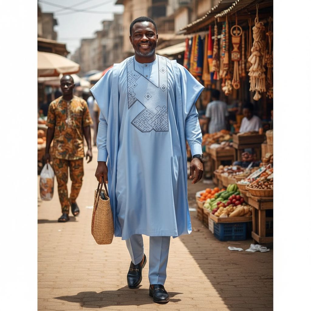 Grand boubou homme bleu brodé en coton léger