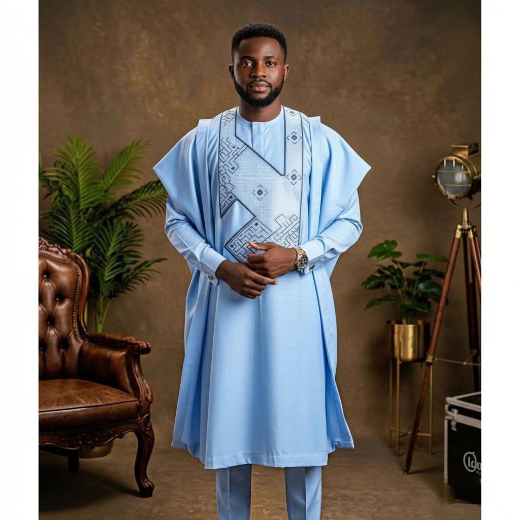 Grand boubou homme bleu brodé en coton léger