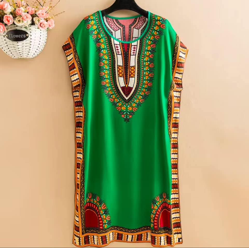 Robe caftan femme ample coton, dashiki vert, élégante et ethnique africaine