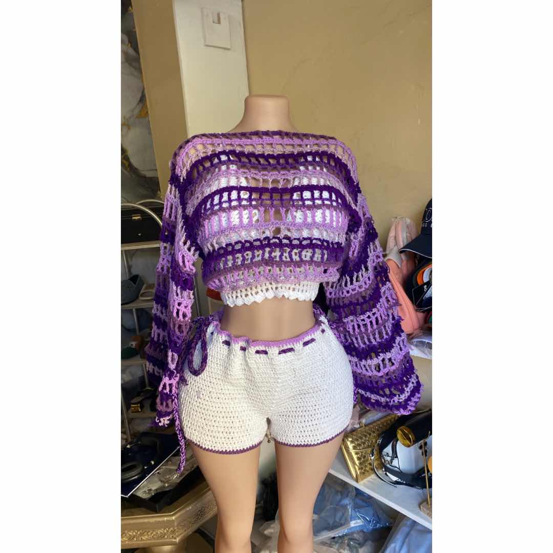 Ensemble crochet femme blanc et violet, set plage chic short et crop top