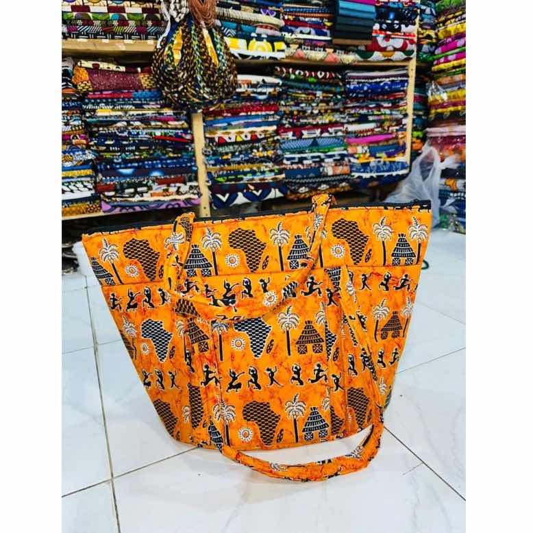 Sac à main artisanal femme, cabas en toile motif africain wax, grande capacité