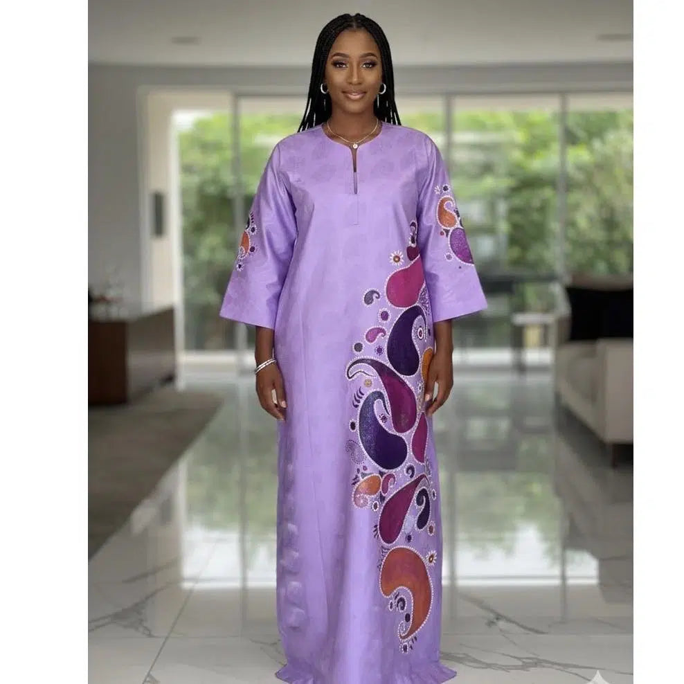 Robe bazin femme mauve peinte à la main