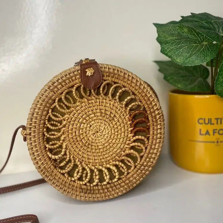 Sac bandoulière rotin fait main rond bohème chic