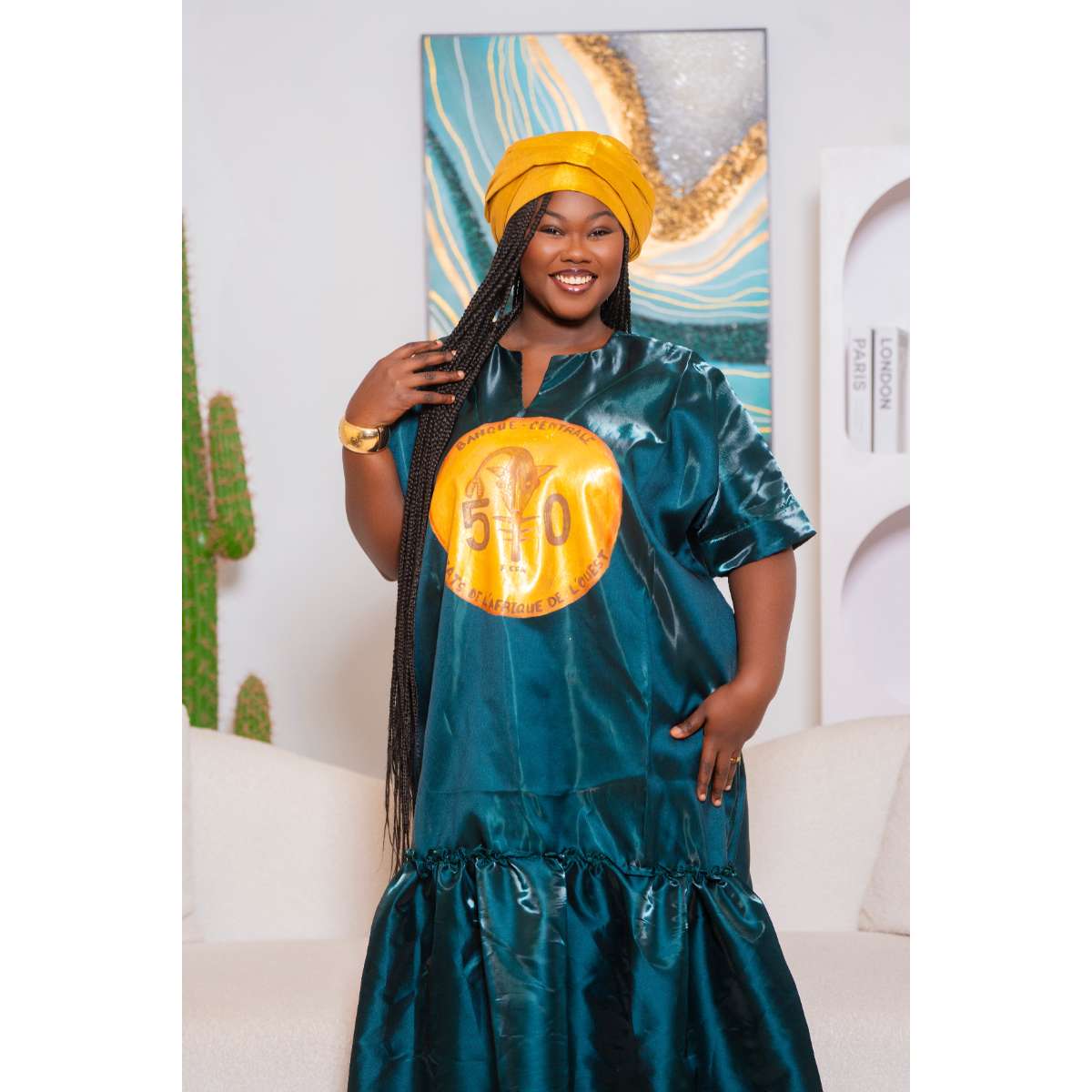 Boubou femme élégant mikado peint main avec foulard, robe longue chic