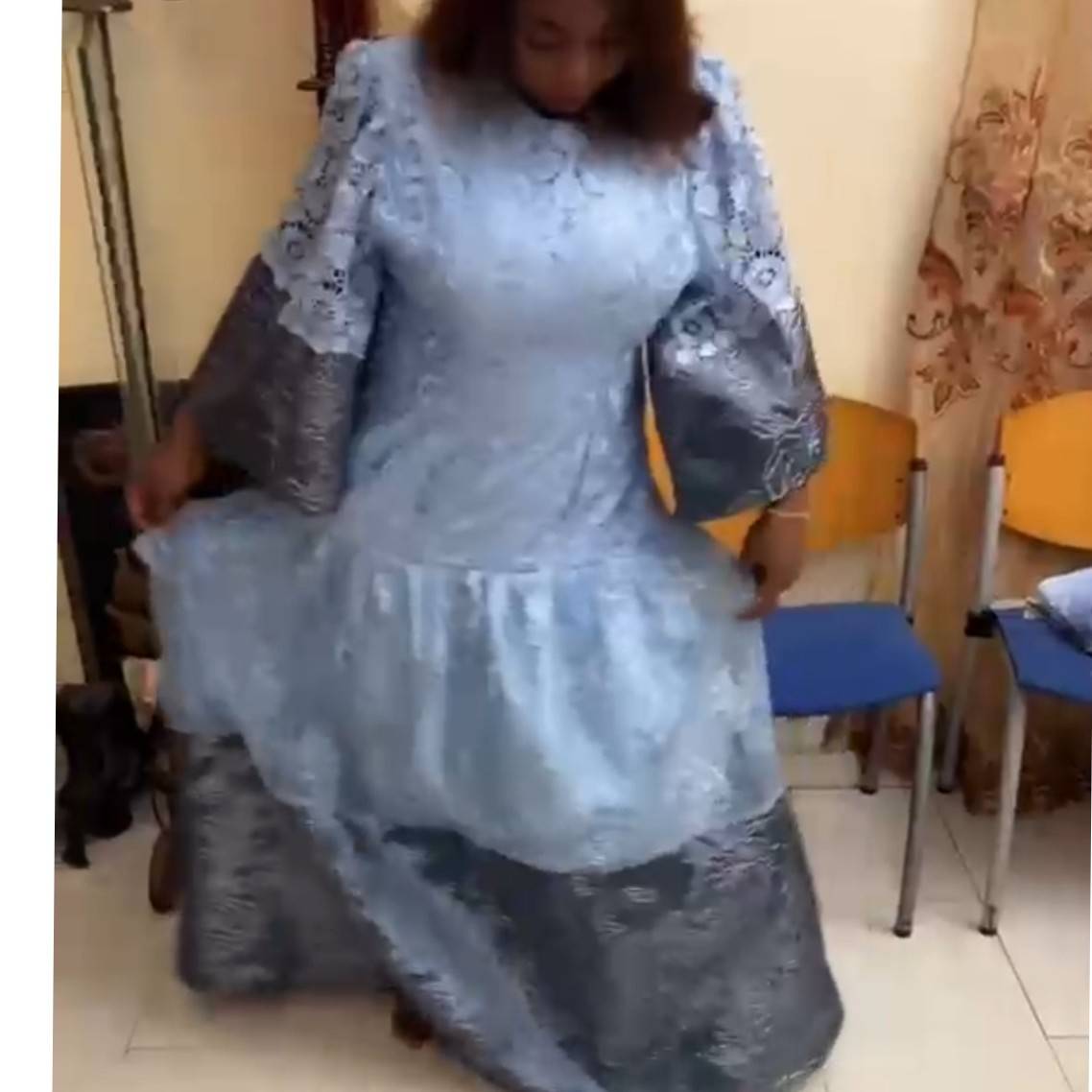 Robe femme dentelle bleu élégante, organza, manches longues cérémonie