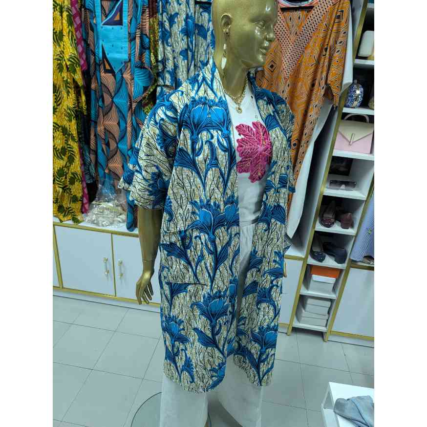 Ensemble tunique wax femme et pantalon lin blanc, grande taille chic