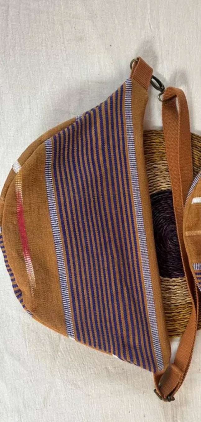 Sac banane marron rayé ajustable en toile coton – Style vintage bohème